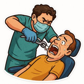 Autocollant Dentiste qui arrache une dent, son patient est sur le fauteuil et le dentiste tire de toutes ses forces. décoration decostickerstore - WWKOYS