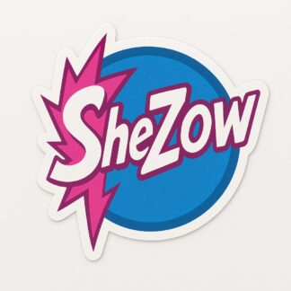 Autocollant Écrit Shezow en blanc avec des pics tout autour du S avec un rond bleu tout autour du mot décoration decostickerstore - HLHDQ1