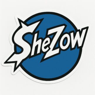 Autocollant Écrit Shezow en blanc avec un rond bleu autour avec des pics sur le S entier en blanc. décoration decostickerstore - F7NZXM