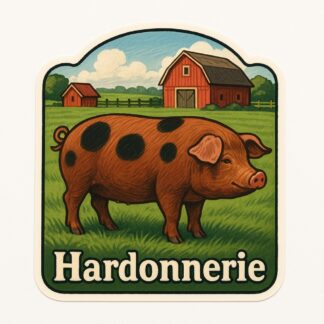 Autocollant Un cochon marron avec des ronds noirs sur lui dans un champ vert et une ferme derrière lui, avec écrit Hardonnerie en bas de l'autocollant. décoration decostickerstore - ECN17M