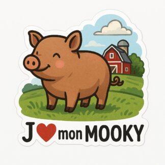 Autocollant Un cochon marron sur un champ vert et une ferme écrit en bas J❤️ mon Mooky décoration decostickerstore - YP0PHB
