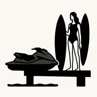 Sticker autocollant Je veux un autocollant sur le quai d'un port avec un jet ski gris et à côté une fille sur une planche de surf, grande, mince et brune. décoration decostickerstore - RDHQWF