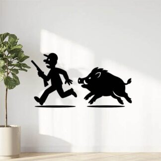 Sticker autocollant humour un chasseur poursuivi par un sanglier décoration decostickerstore - 9D9KJI