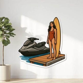 Autocollant Je veux un autocollant sur le quai d'un port avec un jet ski gris et à côté une fille sur une planche de surf, grande, mince et brune. décoration decostickerstore - C874XY