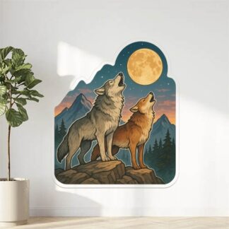 Autocollant Loup et louve hurlent dans la montagne au crépuscule décoration decostickerstore - EYI6Q7