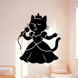 Sticker autocollant Un chat qui chante avec un micro à la main, habillé comme une princesse de Disney. décoration decostickerstore - HZIFHP