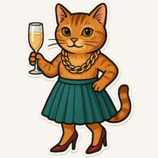 Autocollant un chat avec une jupe, des hauts talons, une chaîne en or qui tient un verre de champagne décoration decostickerstore - XFA2ZZ