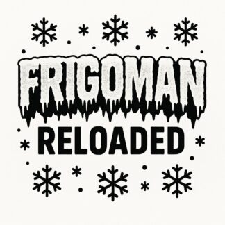 Sticker autocollant entourée de petits flocons le texte givré FRIGOMAN avec en dessous le texte Reloaded décoration decostickerstore - C3UJ7Y