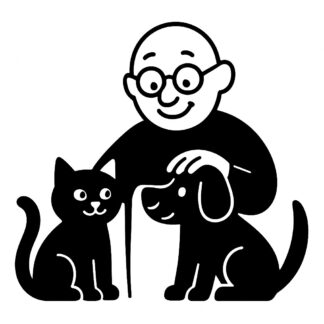 Sticker autocollant petit homme chauve avec lunettes comique et gentil avec chat et chien décoration decostickerstore - 5UTH6A