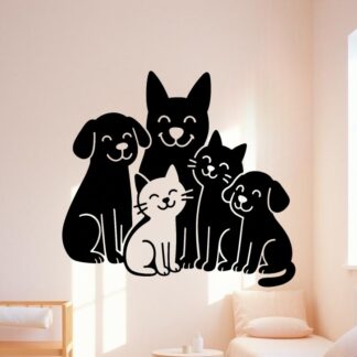 Sticker autocollant groupe de chiens et chats drôles qui s'aiment décoration decostickerstore - KMJMPR