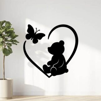 Sticker autocollant contour d'un cœur avec un ours assis et un papillon décoration decostickerstore - N1DSPM
