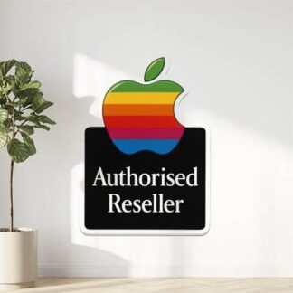 Autocollant logo apple avec marqué en lettre en desous Authorised Reseller en blanc sur fond noir sur un carre de taille 20cm par 20cm décoration decostickerstore - WLD3JJ