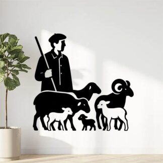 Sticker autocollant berger provençal avec un béret et une chemise, avec brebis, agneaux, moutons et un bélier décoration decostickerstore - YMS5LX